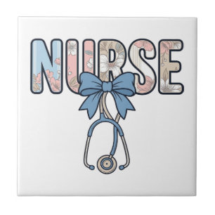 Nurse Bow Stethoscope Vintage Floral Tile