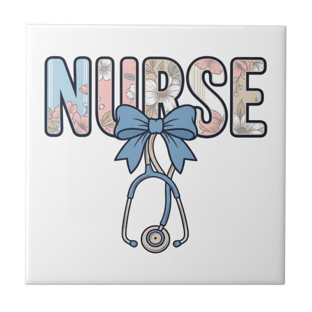 Nurse Bow Stethoscope Vintage Floral Tile (Front)
