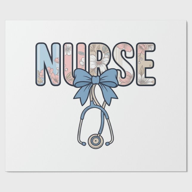 Nurse Bow Stethoscope Vintage Floral Wrapping Paper (Flat)