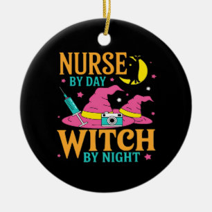 Nurse by Day, Witch by Night Cat Halloween Classic Ceramic Tree Decoration