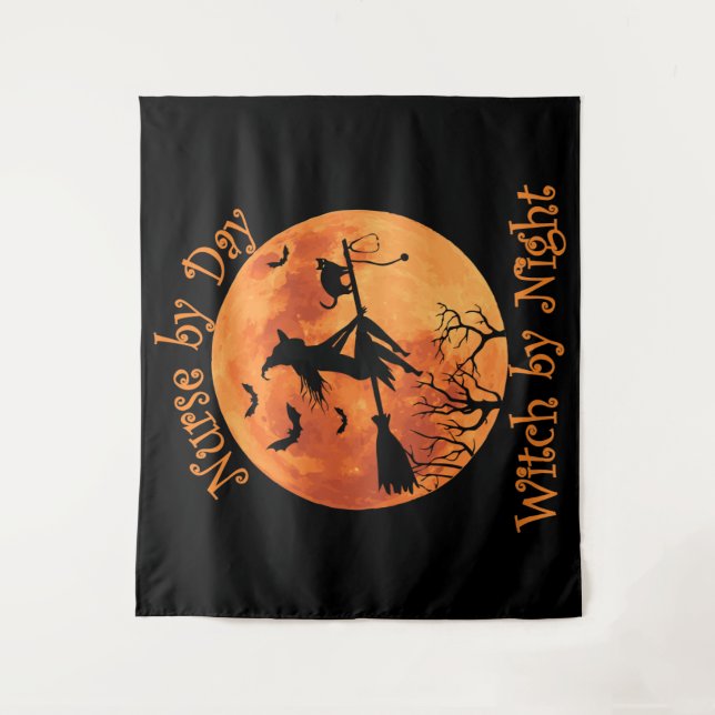 Nurse by Day Witch by Night Funny Halloween Tapestry (Front)