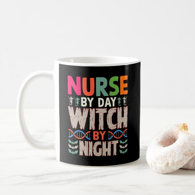 Nurse by Day Witch by Night Halloween Nursing Coffee Mug (With Donut)