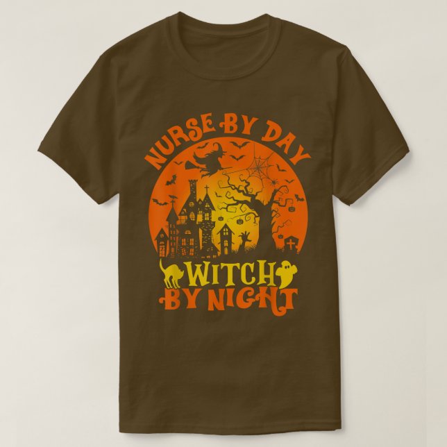 Nurse By Day Witch By Night Halloween Retro Sunset T-Shirt (Design Front)