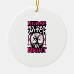 Nurse By Day Witch By Night Halloween Shirt Design Ceramic Tree Decoration