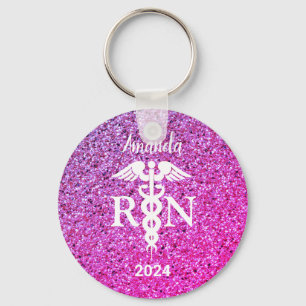 Nurse Caduceus Purple Pink Glitter Monogram Key Ring