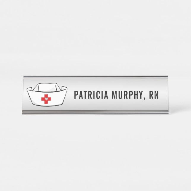 Nurse Cap RN Monogram Name Silver Desk Name Plate (Front)