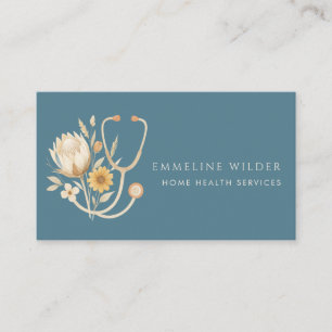 Nurse Caregiver Floral Stethoscope Blue Business Card