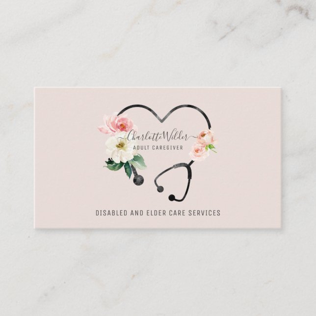 Nurse Caregiver Floral Stethoscope Business Card (Front)