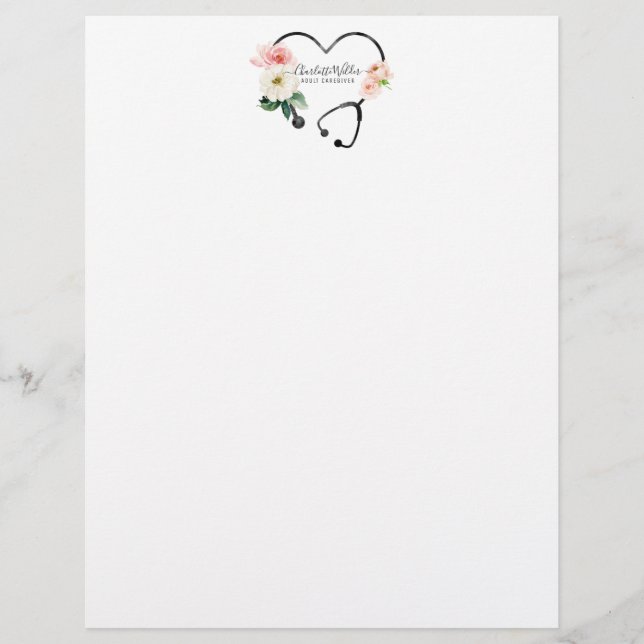 Nurse Caregiver Floral Stethoscope Custom Letterhead (Front)