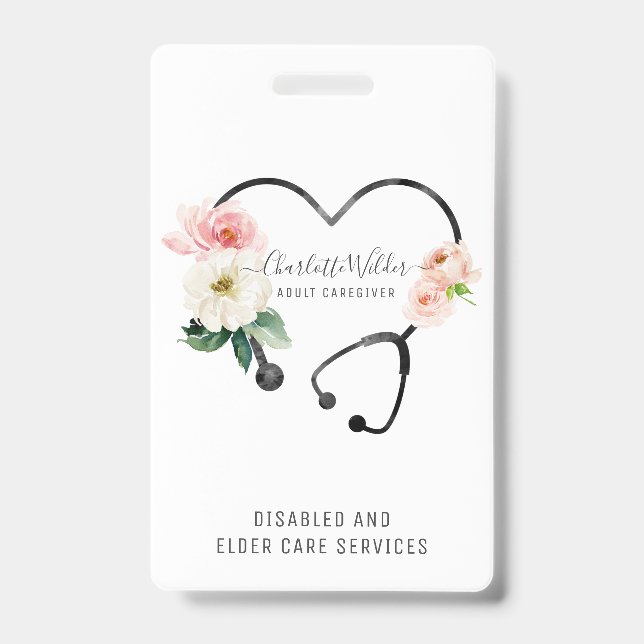 Nurse Caregiver Floral Stethoscope ID Badge (Front)