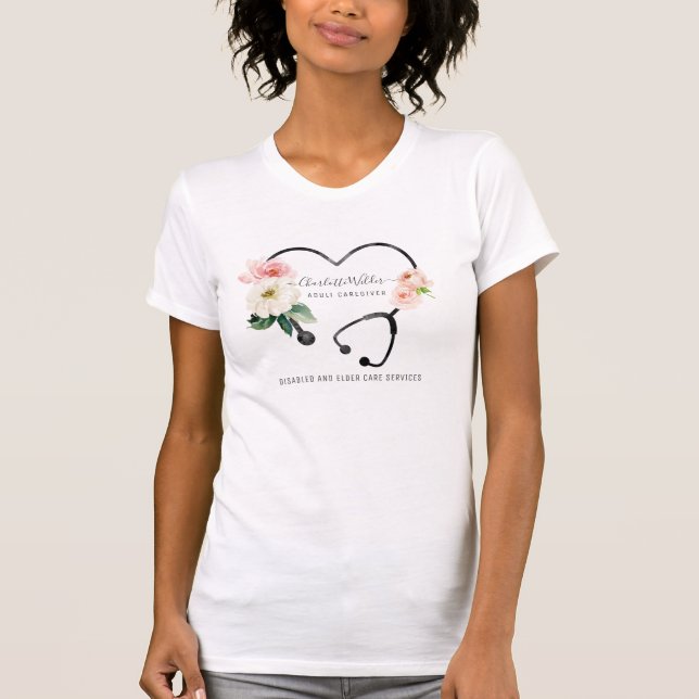 Nurse Caregiver Floral Stethoscope  T-Shirt (Front)