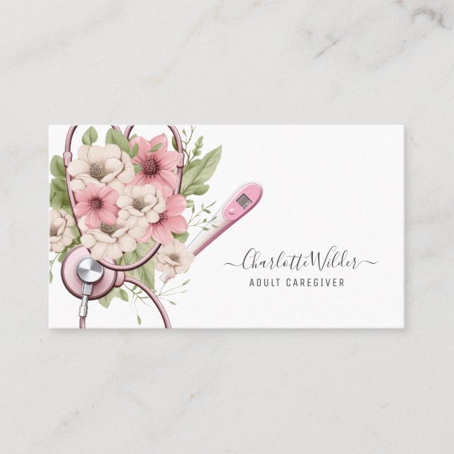 Nurse Caregiver Floral Stethoscope Thermometer Business Card (Front)