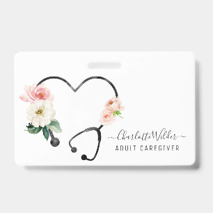 Nurse Caregiver Health Floral Stethoscope ID Badge