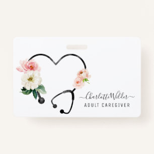 Nurse Caregiver Health Floral Stethoscope ID Badge