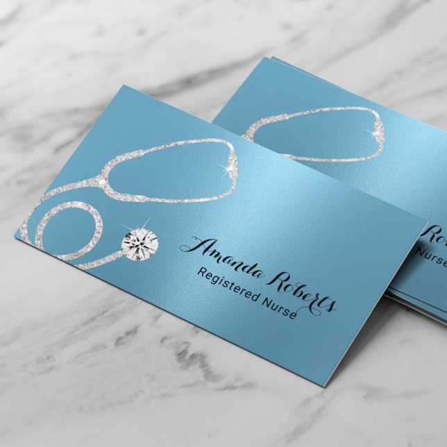 Nurse Caregiver Modern Light Blue Metallic Medical Business Card (Creator Uploaded)