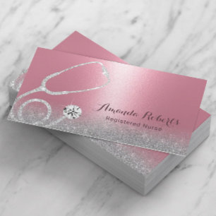 Nurse Caregiver Modern Pink Silver Glitter Medical Business Card