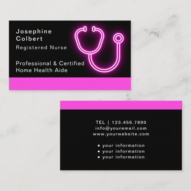 Nurse Caregiver Modern Pink Stethoscope Medical Business Card (Front/Back)