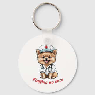 Nurse Cartoon with Pomeranian Dog Design Keychain