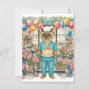 Nurse Cat Birthday Party cake flowers and balloons Postcard