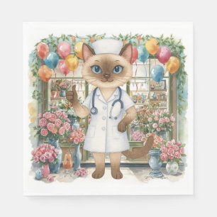 Nurse Cat Birthday Party with flowers and balloons Napkin