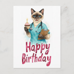 Nurse Cat with Cake and text Happy Birthday Postcard