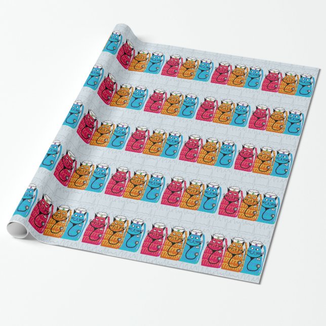 Nurse Cats Gift Wrap Blue (Unrolled)