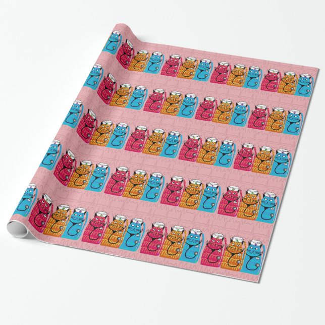 Nurse Cats Gift Wrap Pink (Unrolled)