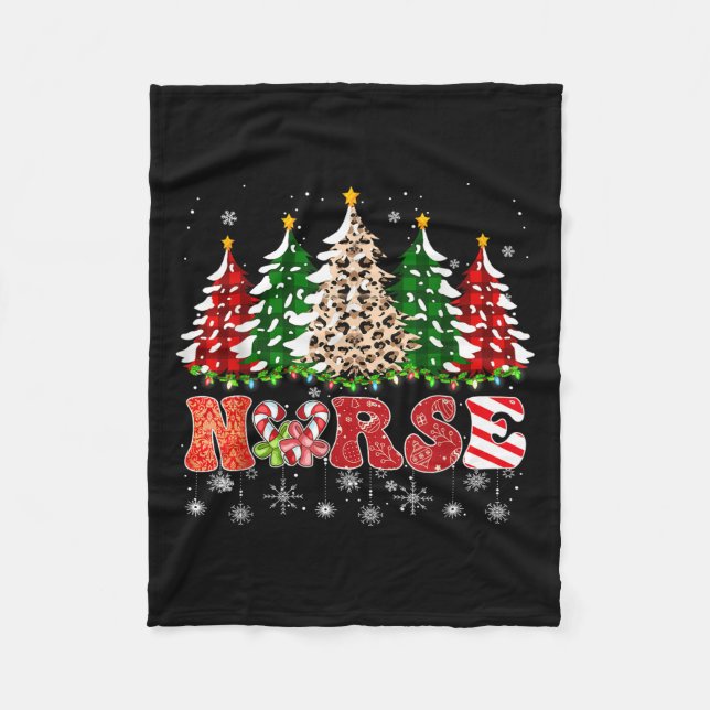 Nurse Christmas Tree Leopard Buffalo Plaid Red Gre Fleece Blanket (Front)