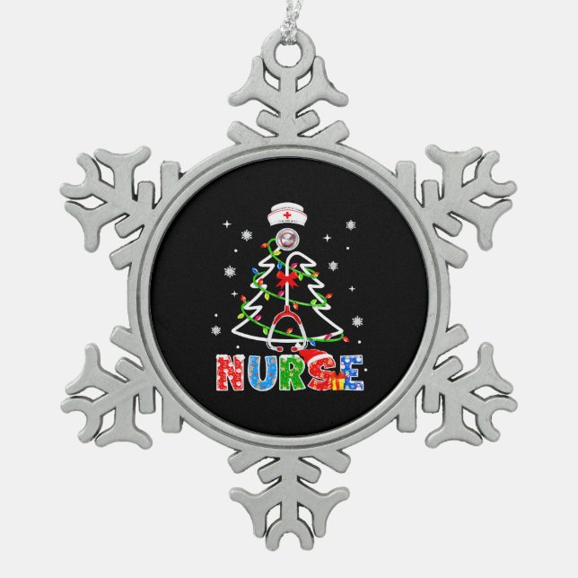 Nurse Christmas Tree Stethoscope RNLPN Scrub Snowflake Pewter Christmas Ornament (Front)