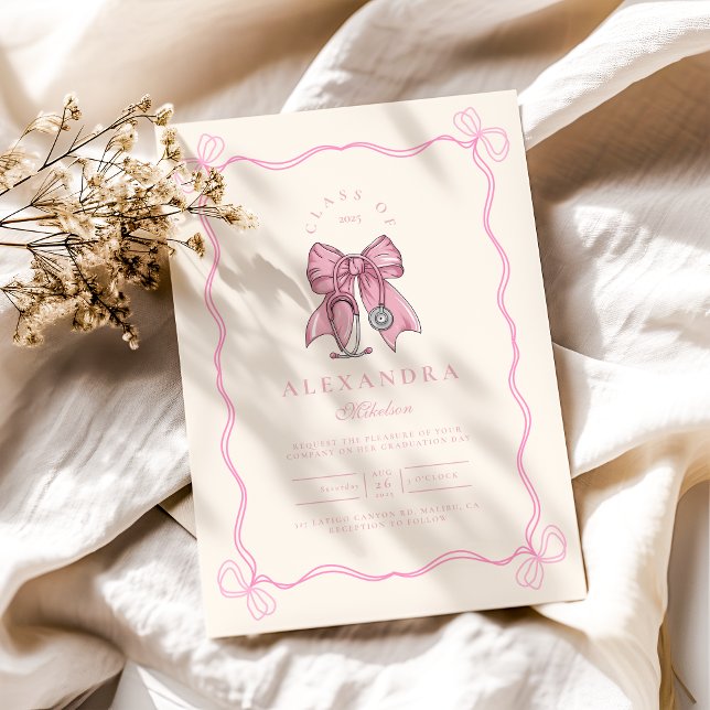  Nurse Coquette Pink Bow Elegant Graduation Invitation (Creator Uploaded)