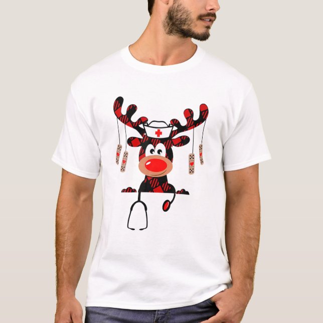 Nurse Cute Red Plaid Reindeer Wear Stethoscope For T-Shirt (Front)