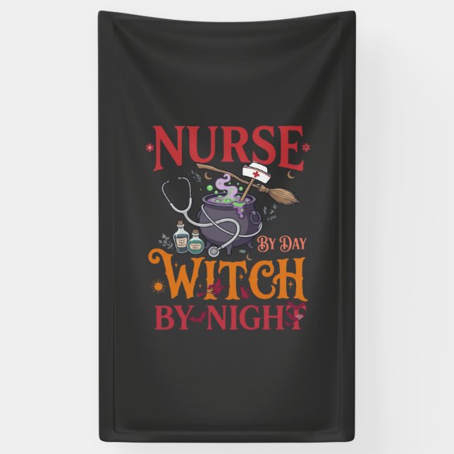 Nurse Day Witch Night Halloween Cauldron Stethosco Banner (Vertical)