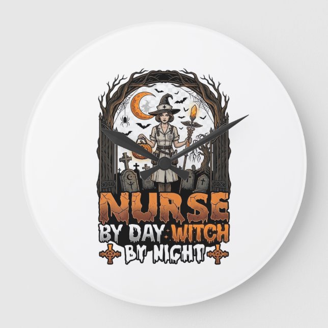 Nurse Day Witch Night Halloween Cemetery Pumpkin_1 Large Clock (Front)