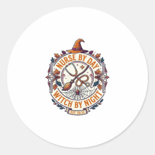 Nurse Day Witch Night Halloween Stethoscope Broom_ Classic Round Sticker