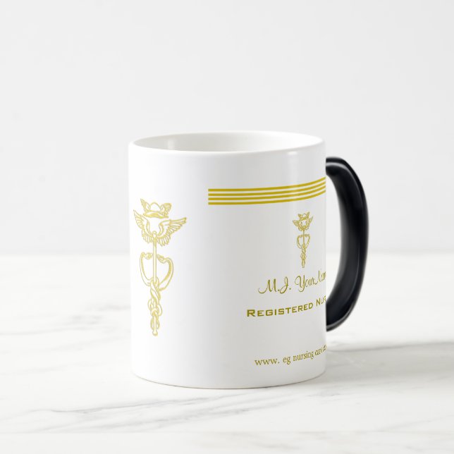 Nurse design with gold stripes and caduceus emblem magic mug (Front Right)