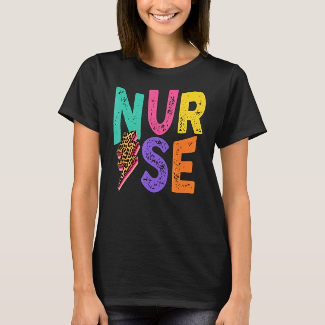 Nurse Distressed Leopard Lightning Bolt Design T-Shirt (Front)