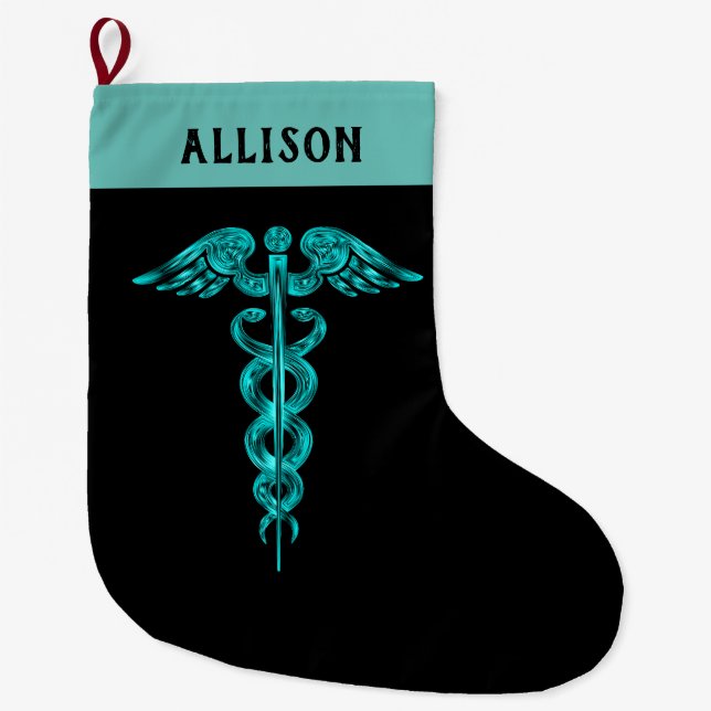 Nurse Doctor Caduceus Symbol Turquoise Black Large Christmas Stocking (Front)