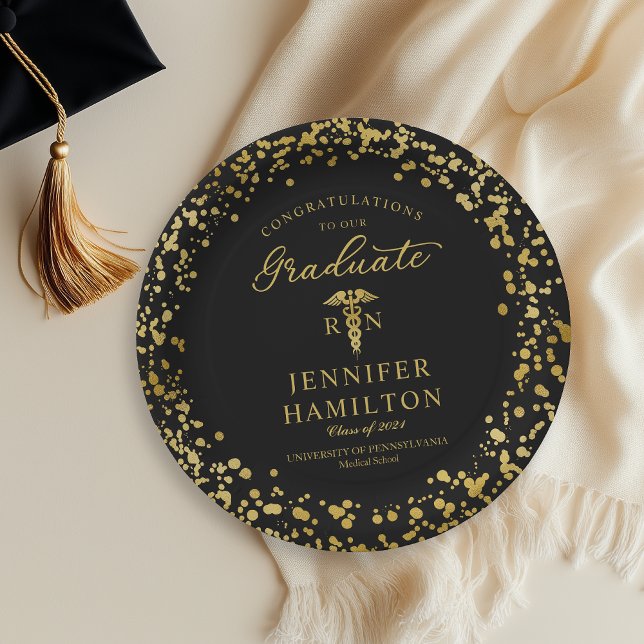 Nurse Doctor Graduation Elegant Gold Black Paper Plate (Creator Uploaded)
