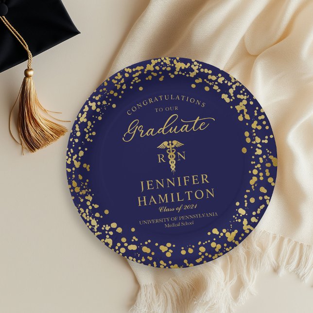 Nurse Doctor Graduation Elegant Gold Blue Paper Plate (Creator Uploaded)