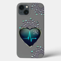 Nurse EKG heart and jewel grey black blue