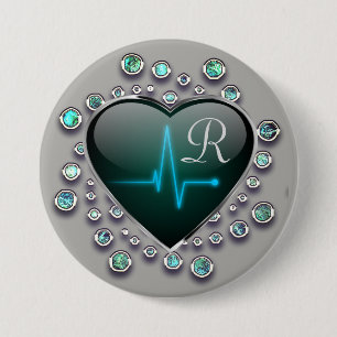 Nurse EKG line heart jewel look grey blue black 7.5 Cm Round Badge