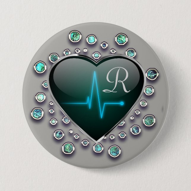 Nurse EKG line heart jewel look grey blue black 7.5 Cm Round Badge (Front)