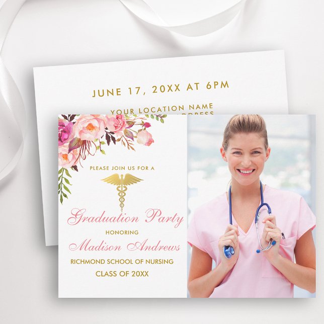 Nurse Floral Pink Grad Party Invite Gold (Customize to change text size, color or text style.)
