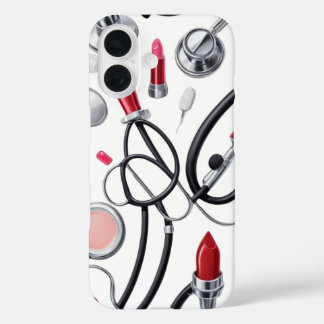 Nurse Glam – Stethoscope & Lipstick Pattern iPhone 16 Case