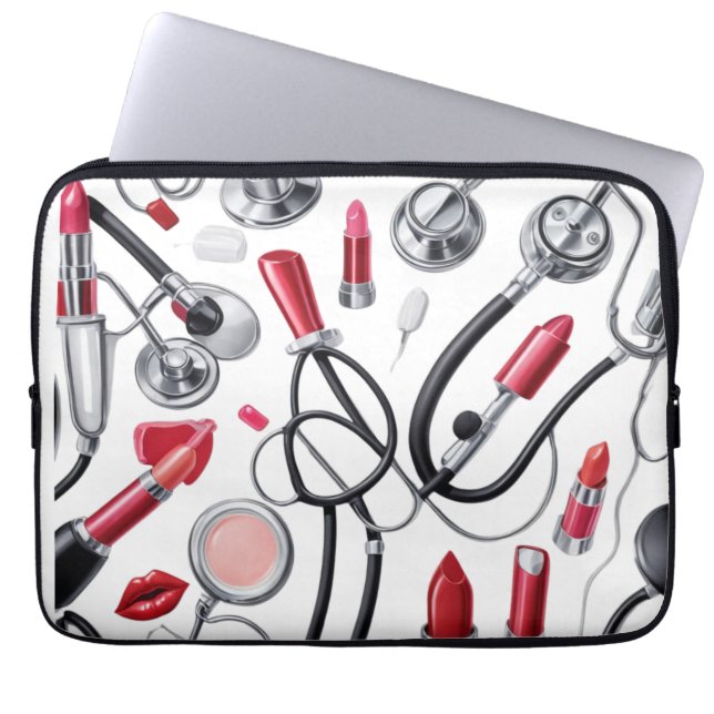 Nurse Glam – Stethoscope & Lipstick Pattern Laptop Sleeve (Front)