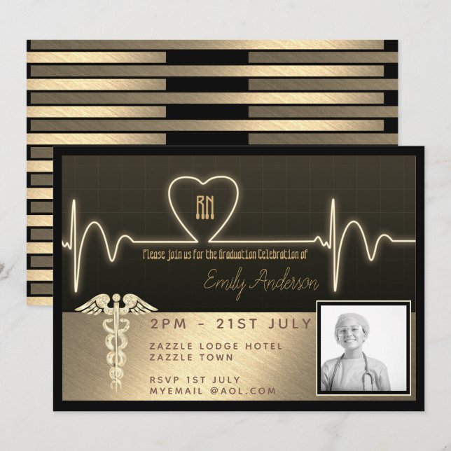 Nurse Graduate Invitation - Black Gold PHOTO (Front/Back)