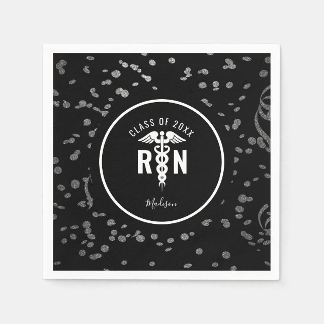 Nurse Graduate Party Black Silver Personalised Napkin (Front)