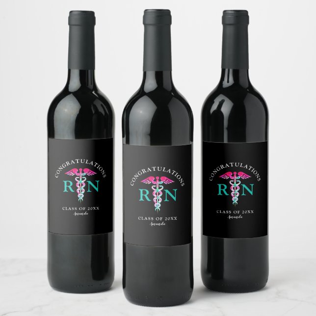 Nurse Graduation Black Pink Teal Personalised Wine Label (Bottles)