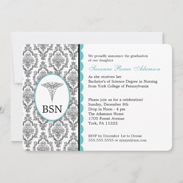 Nurse Graduation BSN RN black turquoise damask Invitation (Front)