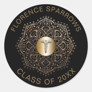 Nurse Graduation Caduceus Black Gold Classic Round Sticker